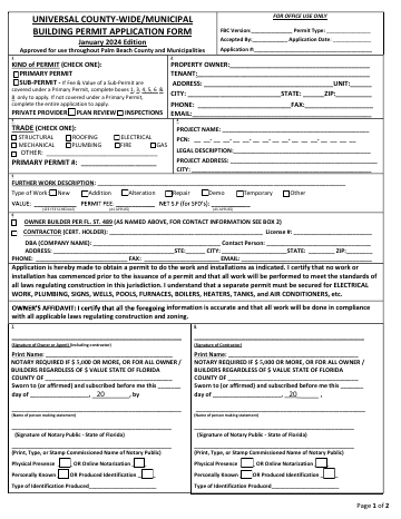 First page of the Universal County-Wide/Municipal Building Permit Application