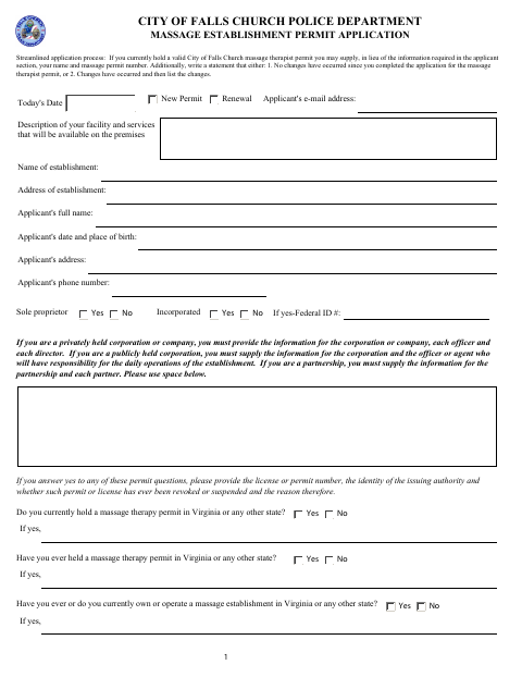 Massage Establishment Permit Application, City of Falls Church form, first page