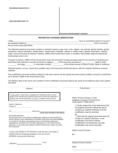 Restrictive Covenant Modification, Sierra County form, first page