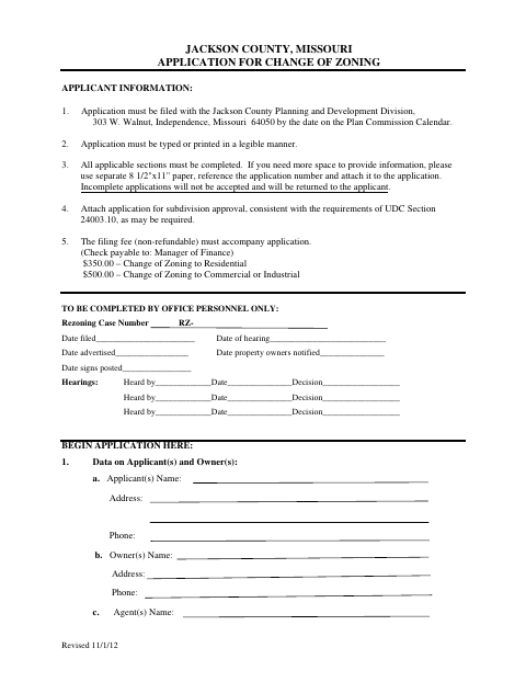 Change of Zoning Application, Jackson County form, first page