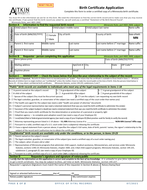 Birth Certificate Application, Aitkin County form, first page