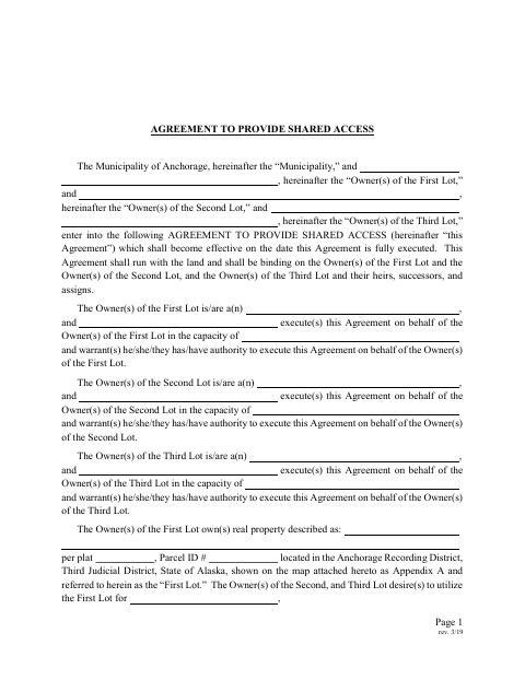 Agreement To Provide Shared Access, Anchorage Municipality form, first page