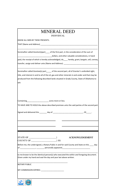 Mineral Deed Individual, Grady County form, first page