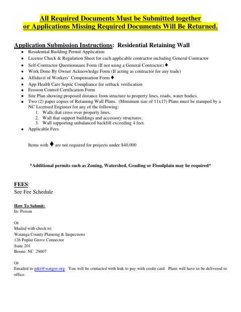 Retaining Wall, Watauga County form, first page