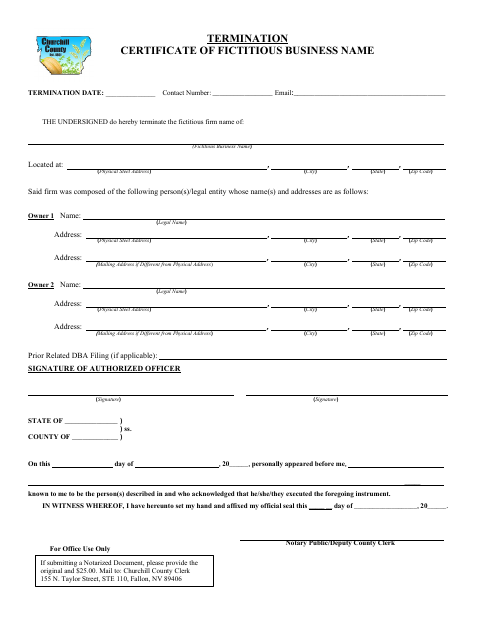 Termination Certificate of Fictitious Business Name, Churchill County form, first page