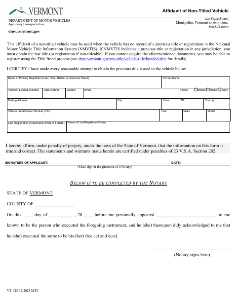 VT-025 Affidavit of Non-Titled Vehicle first page