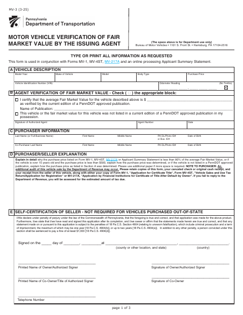 MV-3 Motor Vehicle Fair Market Value Verification first page
