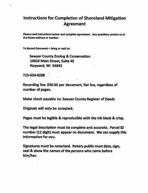 Shoreland Mitigation Agreement, Sawyer County form, first page