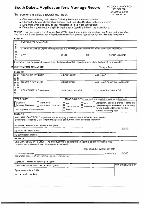 Application for a Marriage Record, McCook County form, first page