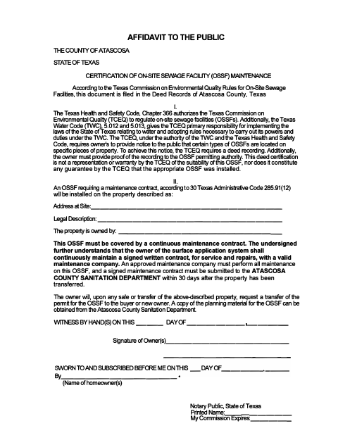 Affidavit to the Public for OSSF Maintenance, Atascosa County form, first page