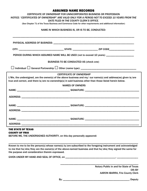 Assumed Name Application, Frio County form, first page