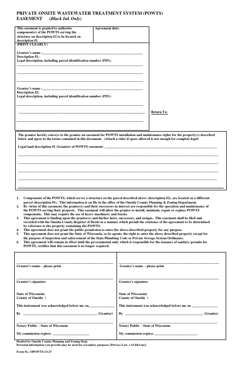 Private Onsite Wastewater Treatment System Easement, Oneida County form, first page
