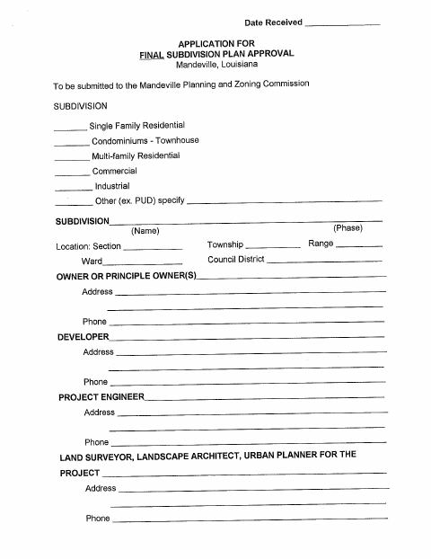First page of the Final Subdivision Plan Approval Application