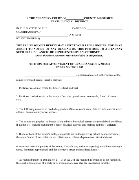 Petition for Appointment of Guardians of a Minor Under Section 202, Hinds County form, first page