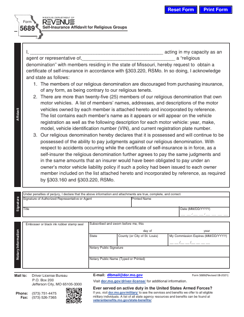 Form 5689 Self-Insurance Affidavit for Religious Groups first page