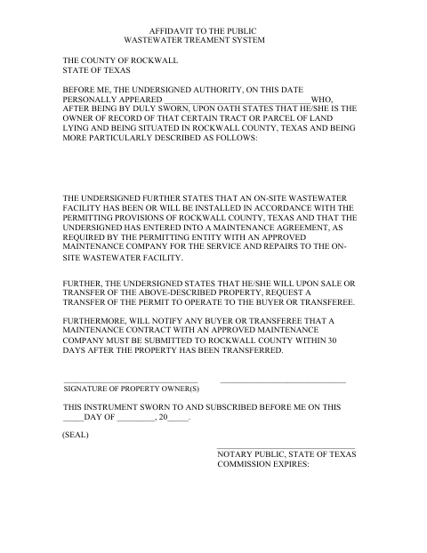Affidavit to the Public Wastewater Treatment System, Rockwall County form, first page
