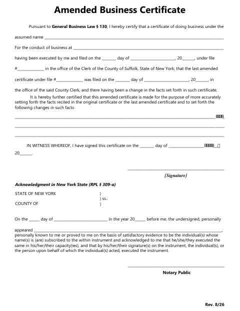 Amended Business Certificate, Suffolk County form, first page
