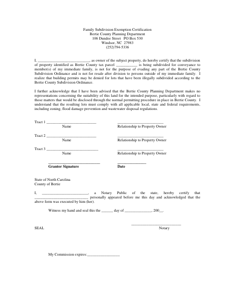 Family Subdivision Exemption Certification, Bertie County form, first page