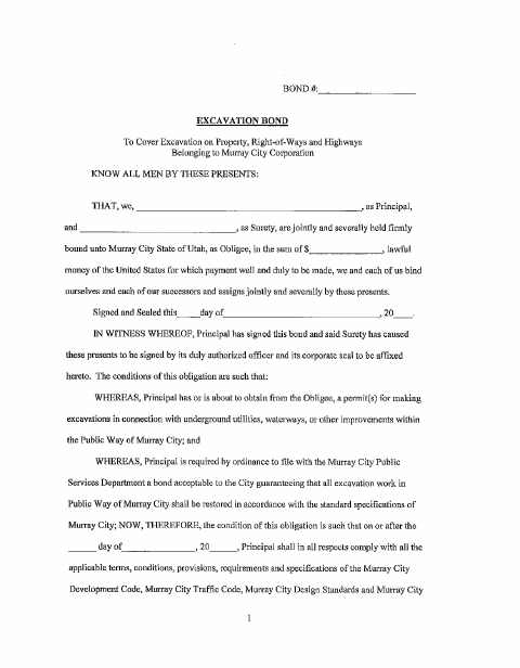First page of the Excavation Bond