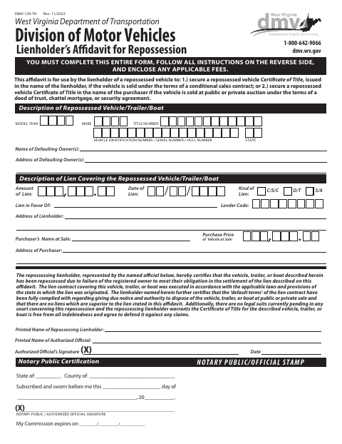DMV-129-TR Lienholder’s Affidavit for Repossession first page