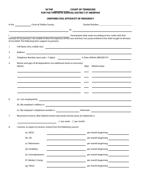 Uniform Civil Affidavit of Indigency, Shelby County form, first page