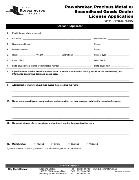 First page of the Pawnbroker, Precious Metal or Secondhand Goods Dealer License Application Part II