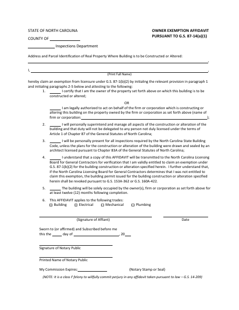 Owner Exemption Affidavit, Wake County form, first page