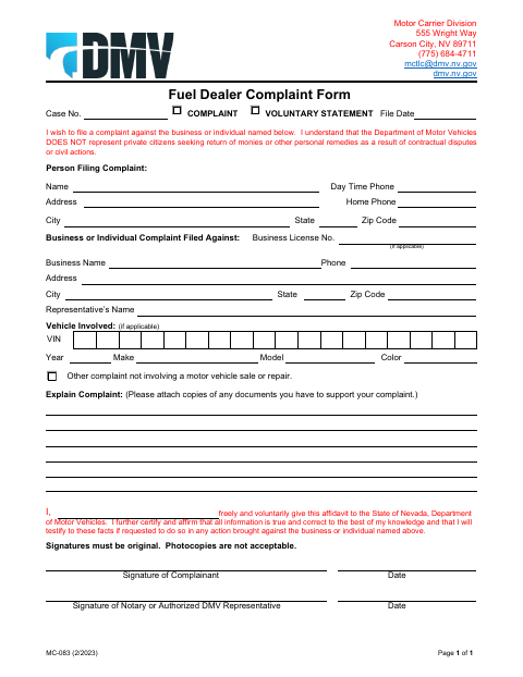 MC-083 Fuel Dealer Complaint Form first page