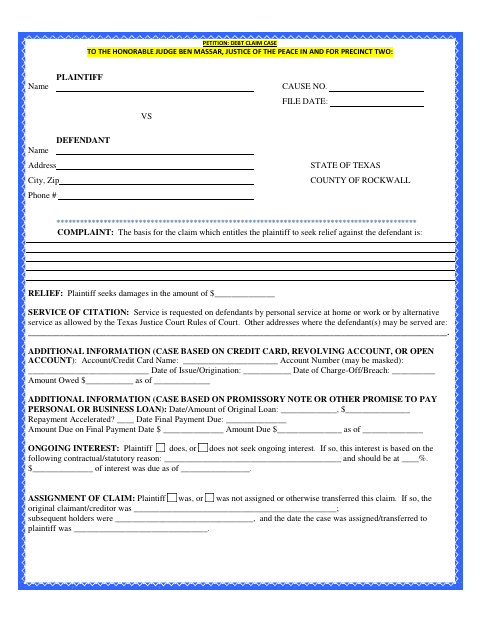 Petition: Debt Claim Case, Rockwall County form, first page