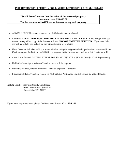 Petition For Limited Letters For A Small Estate, Hawkins County form, first page