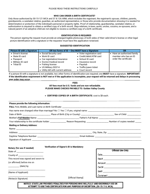 Birth Certificate Application, Golden Valley County form, first page