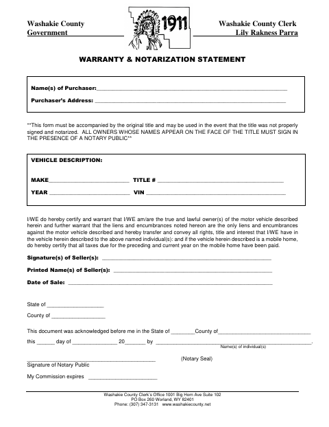 Warranty and Notarization Statement, Washakie County form, first page