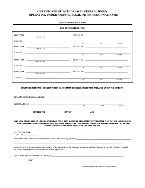 Certificate of Withdrawal From Business Operating Under Assumed Name or Professional Name, Starr County form, first page