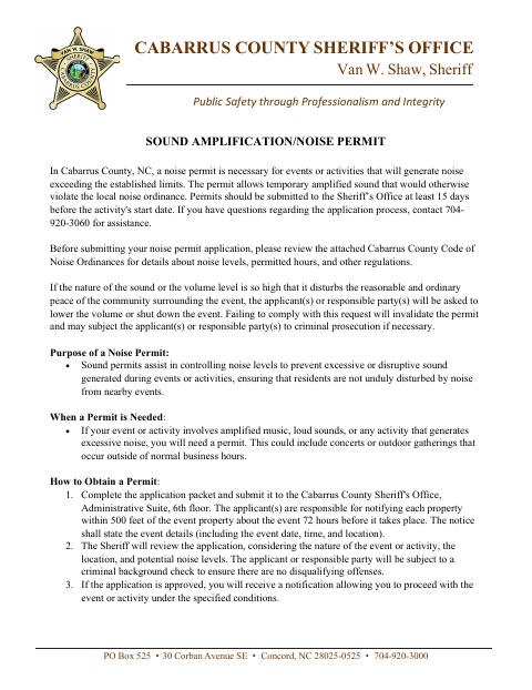 Sound Amplification/Noise Permit, Cabarrus County form, first page