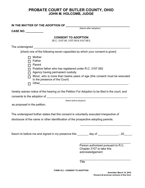 Consent to Adoption, Butler County form, first page