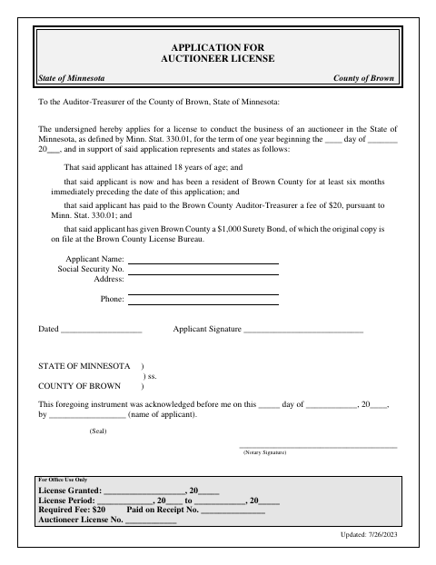 Application for Auctioneer License, Brown County form, first page