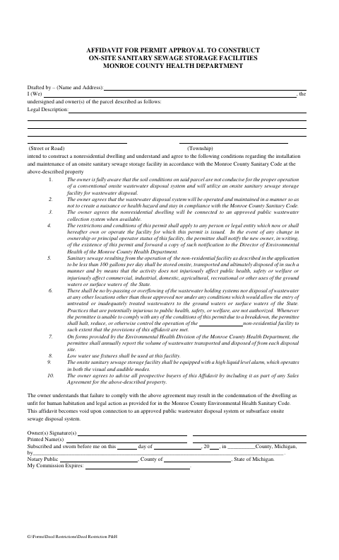Affidavit for Permit Approval to Construct On-Site Sanitary Sewage Storage Facilities, Monroe County form, first page