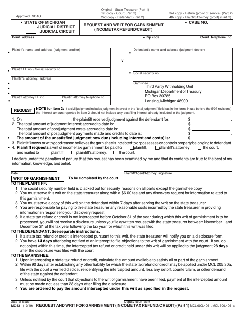 Request and Writ for Garnishment (Income Tax Refund/Credit), Shiawassee County form, first page