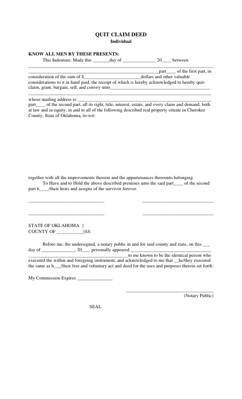 Quitclaim Deed (Individual), Cherokee County form, first page