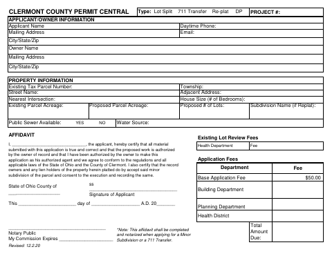 Lot Split, 711 Transfer, and Replat Application, Clermont County form, first page