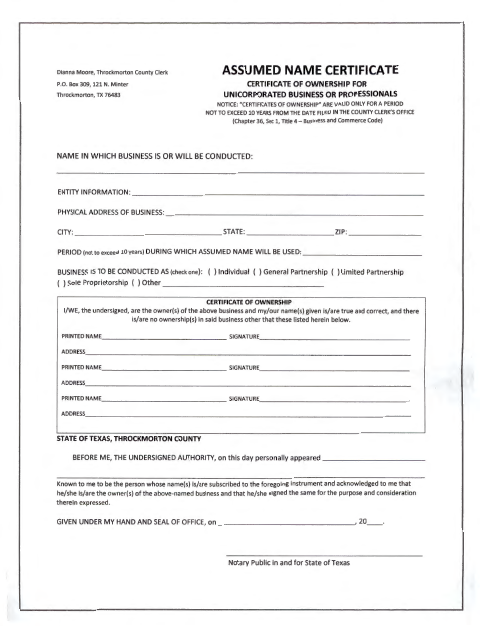 Assumed Name Certificate, Throckmorton County form, first page