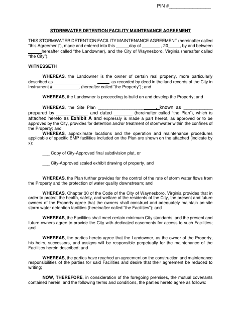Stormwater Detention Facility Maintenance Agreement, City of Waynesboro form, first page