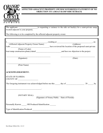 affected adjacent property owner notorized statement of no — Orange County form, first page