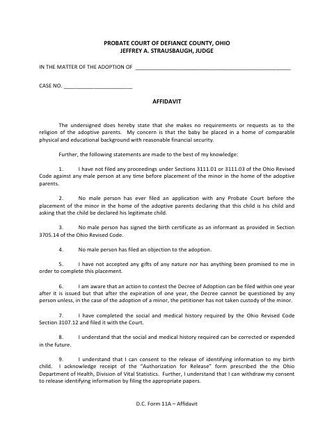 Adoption Affidavit, Defiance County form, first page
