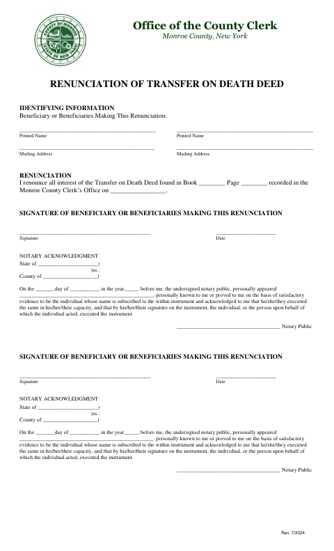 Renunciation of Transfer on Death Deed, Monroe County form, first page