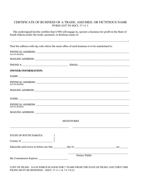 Certificate of Business Name, Pennington County form, first page