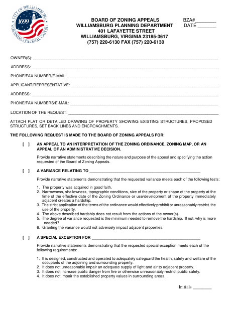 Board of Zoning Appeals Application, City of Williamsburg form, first page
