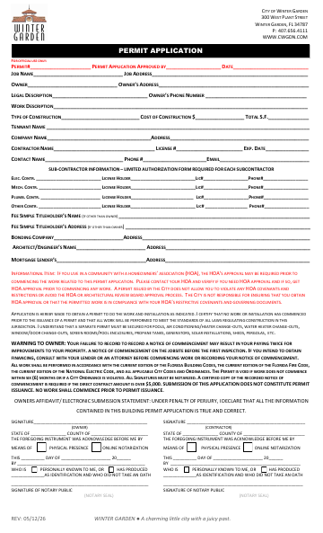 First page of the Building Permit Application & Lien Law Form