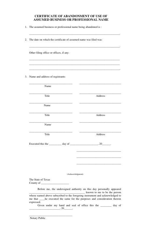Certificate of Abandonment of Assumed Business or Professional Name, Newton County form, first page