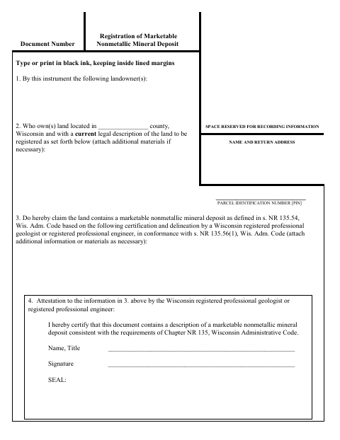 Registration of Marketable Nonmetallic Mineral Deposit, Door County form, first page